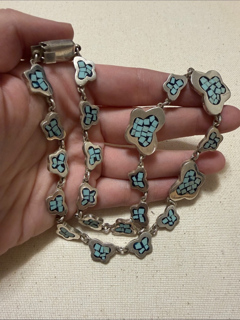 Stunning Sterling Silver 925 Mexico Turquoise Inlay Flower Link Necklace 18’